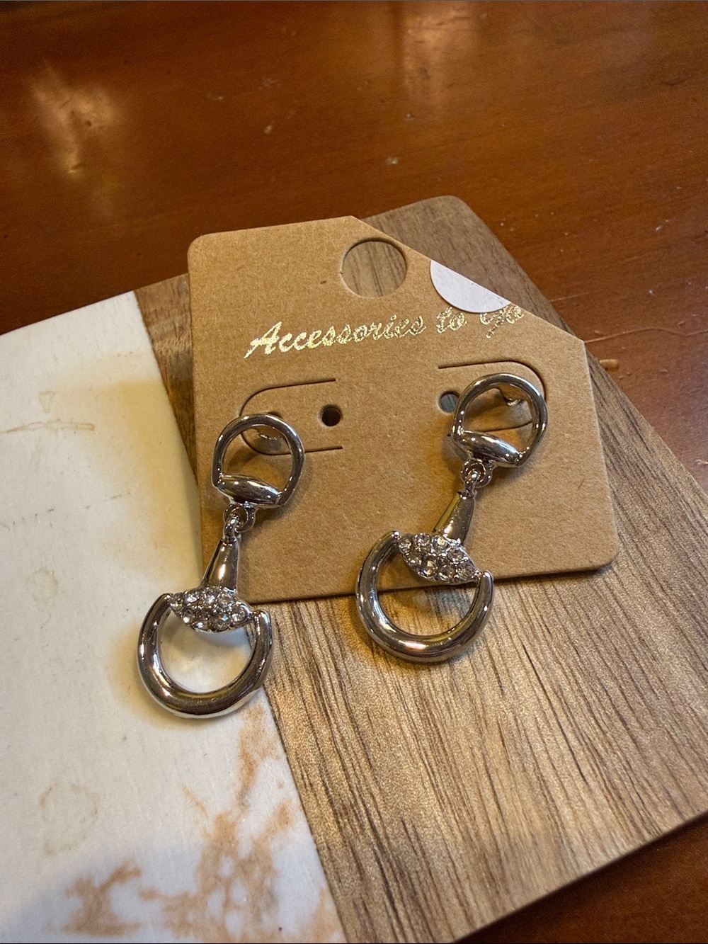 Silver Horse Bit Earrings with Crystal Accent - Women Accessories